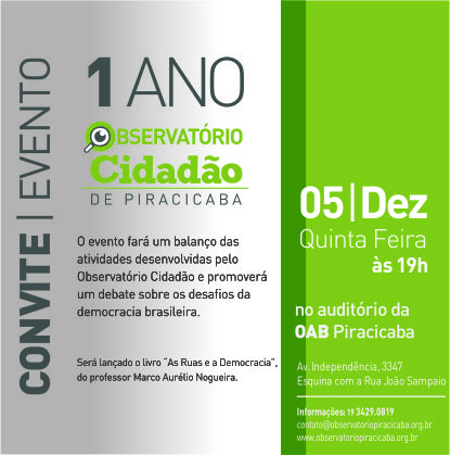  Participe do evento comemorativo de 1 ano do Observatório Cidadão de Piracicaba